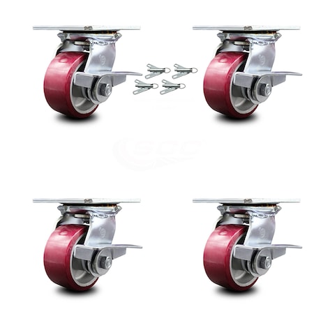 Service Caster 4 Inch Poly on Aluminum Caster Set with Ball Bearings and Brakes/Swivel Locks SCC-35S420-PAB-SLB-BSL-4